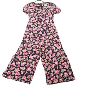 You babes Y2K floral wide leg vneck black pink multi color jumpsuit size medium